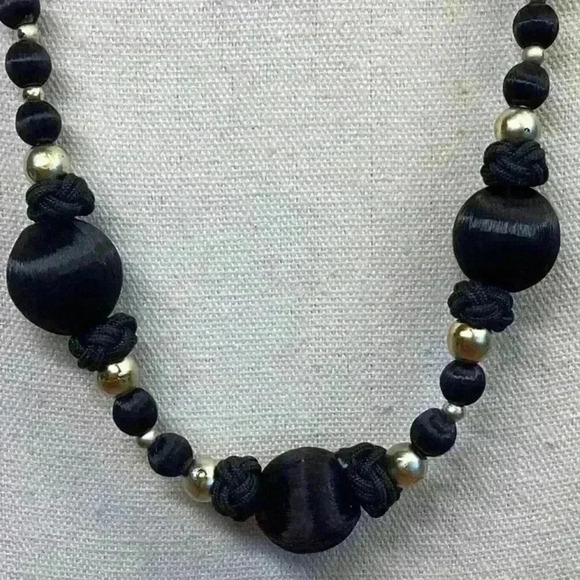 Black Silk Covered and Gold Beaded Necklace Vintage - Picture 2 of 4